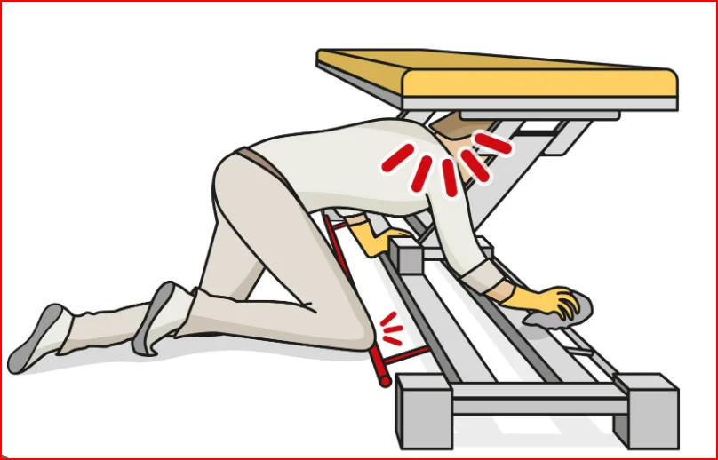 Illustration: Quetschgefahr beim Arbeiten unter der abgesenkten Therapieliege
